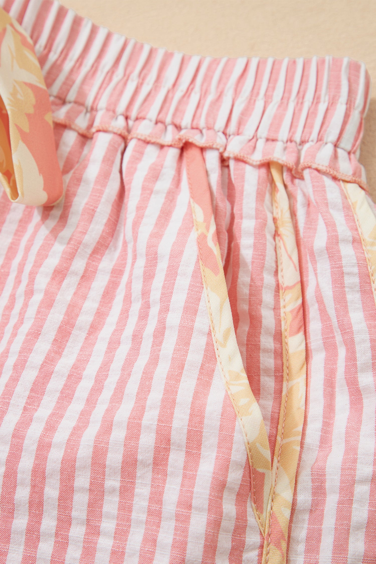 Pink Floral Trim Ribbon Knot Striped Shorts