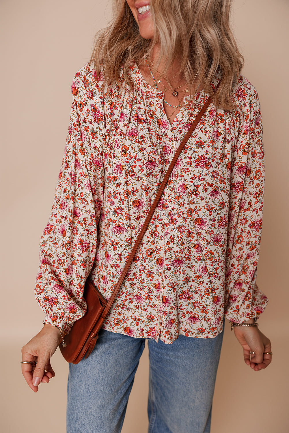 Red Floral Print Pleated Detail Notched Neck Puff Sleeve Blouse - eAura