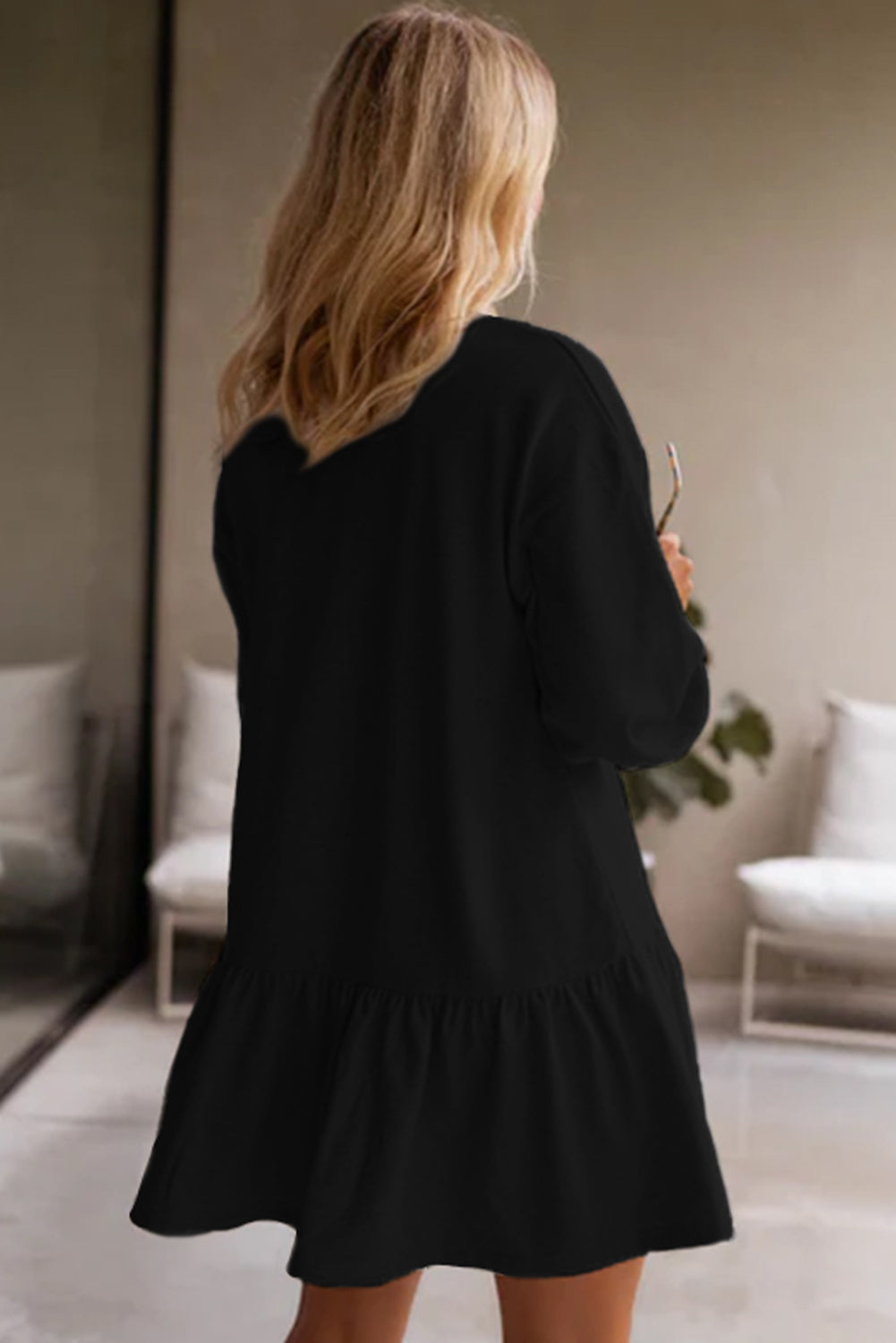 White Solid Colour Puff Sleeve Ruffle Hem Mini Dress eAura
