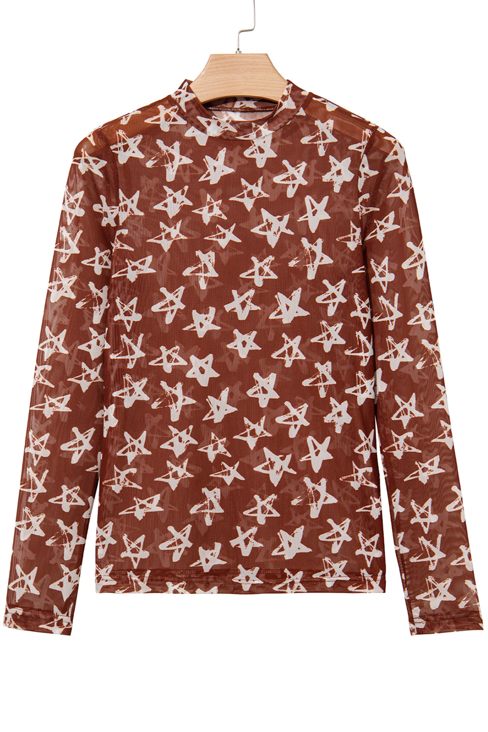 Mesh Star Print Mock Neck Sheath Long Sleeve Top eAura