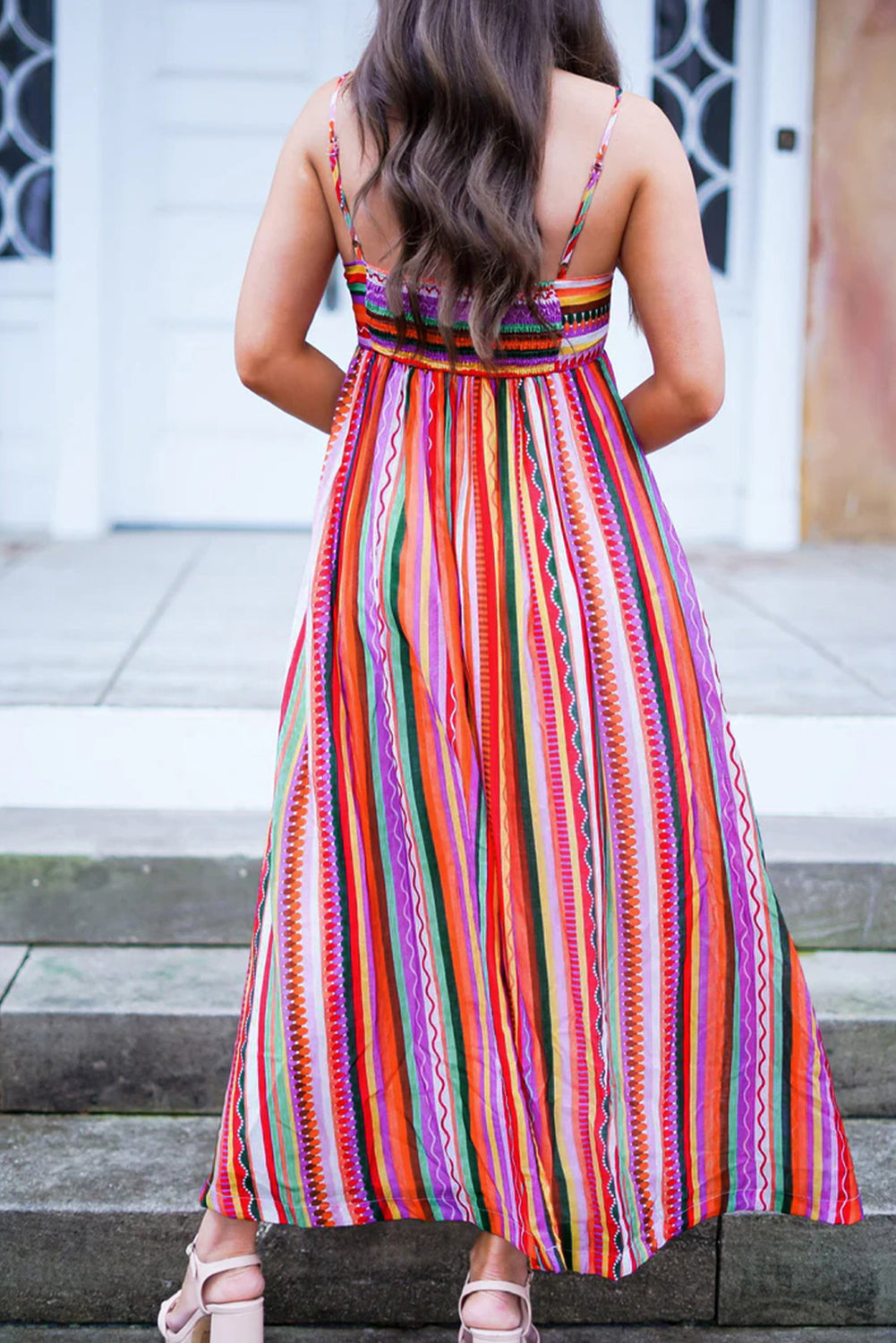 Multicolour Striped Thin Straps Smocked Back Boho Maxi Dress eAura