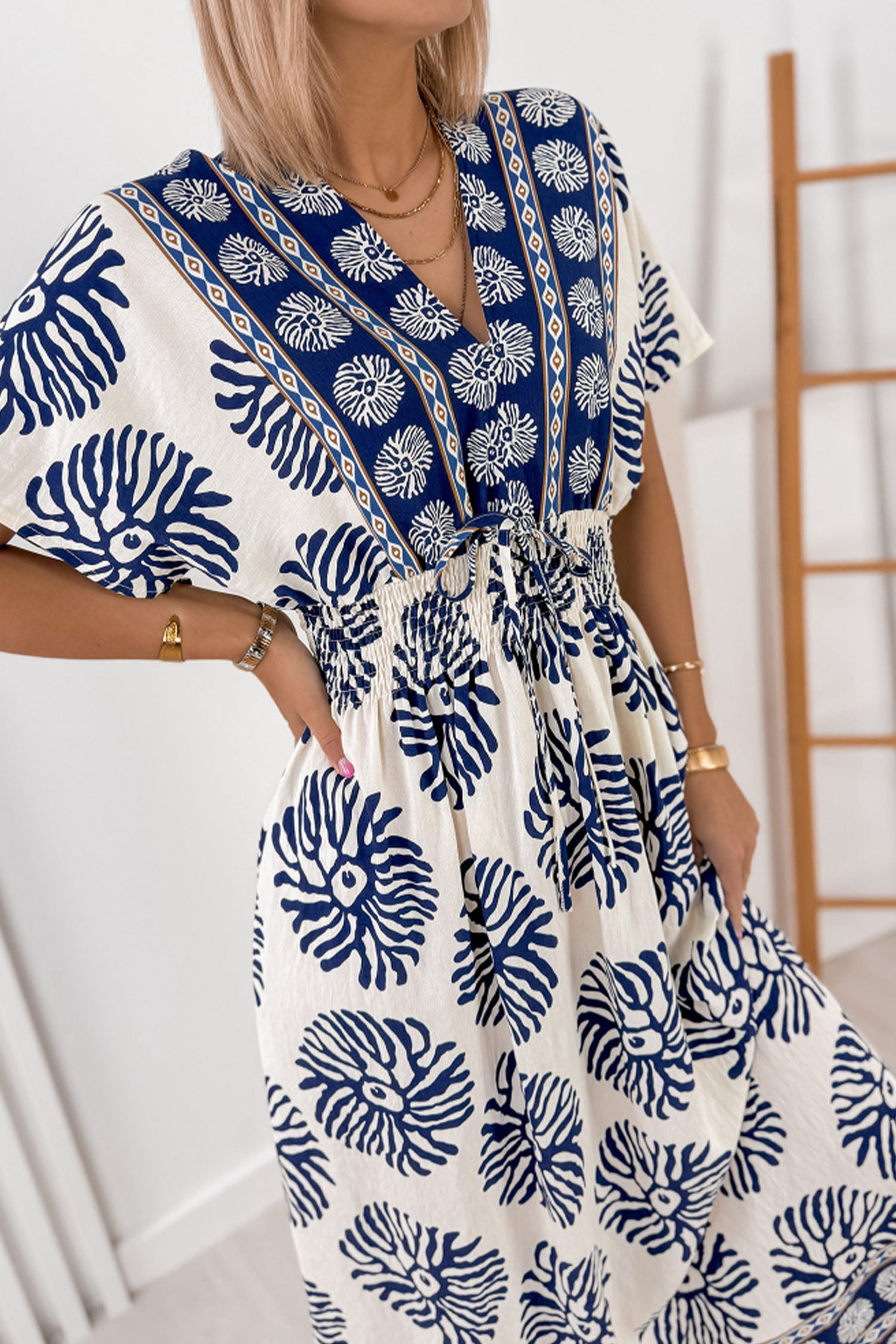 Boho Floral Print Contrast Patchwork V Neck Dolman Maxi Dress – Blue