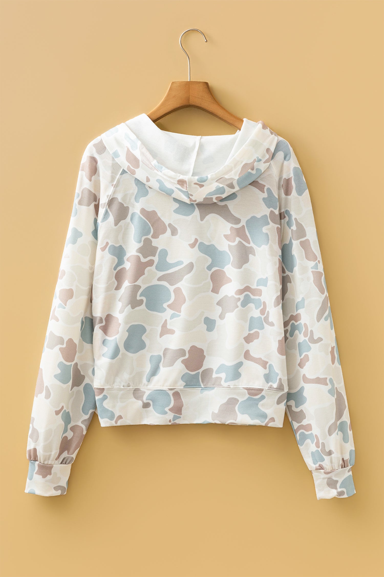 Camouflage Print Relaxed Drawstring Hoodie – Beige