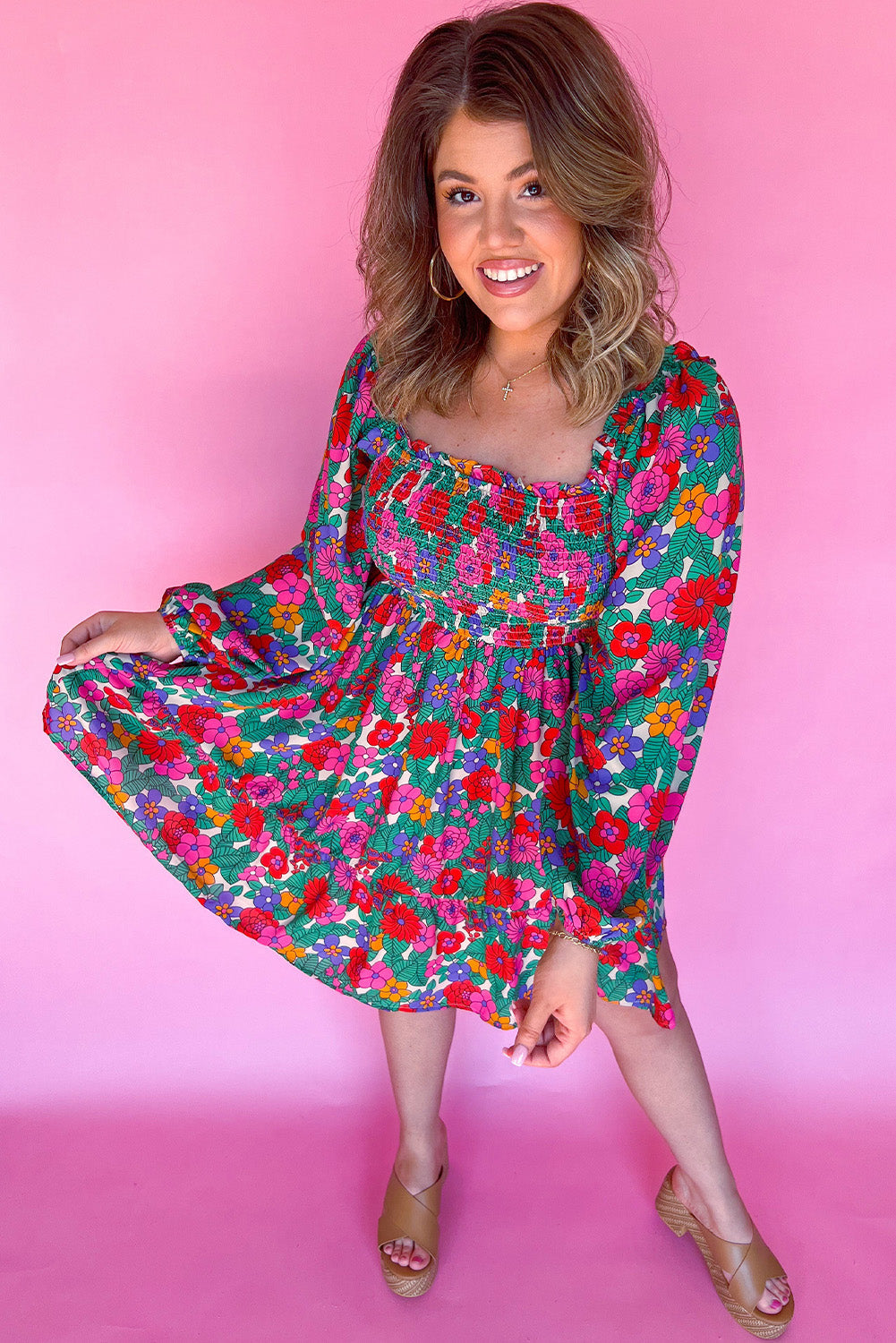 White Plus Size Floral Frilled Square Neck Shirred Long Sleeve Dress BB Fashion Outlet