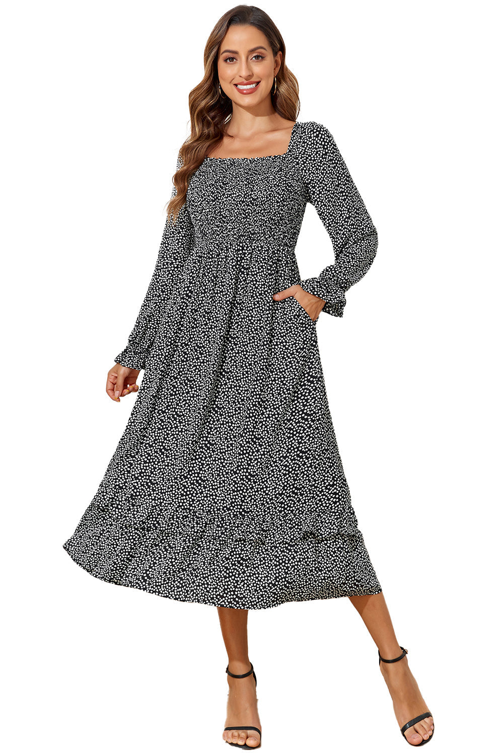 Black Floral Printed Long Sleeve Square Neck Midi Dress eAura