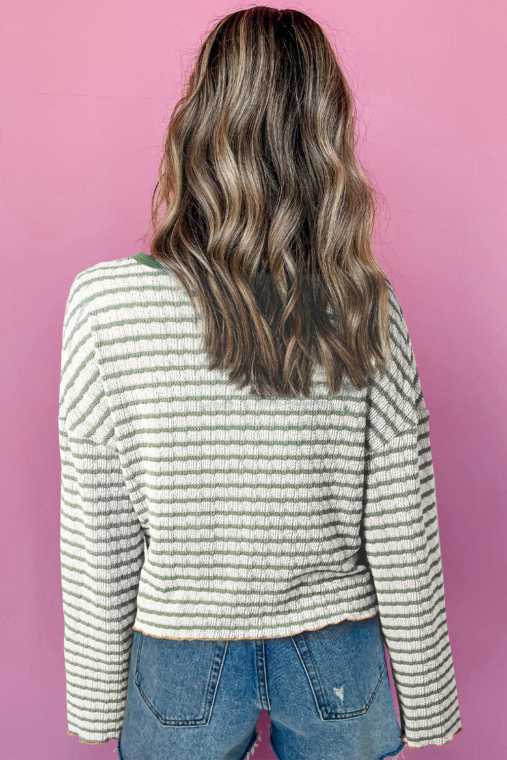 Green Stripe Textured Frilly Trim Buttons Henley Long Sleeve Top eAura