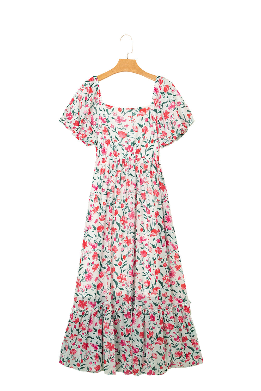 Pink Floral Puff Sleeve Square Neck Empire Waist Tiered Maxi Dress eAura