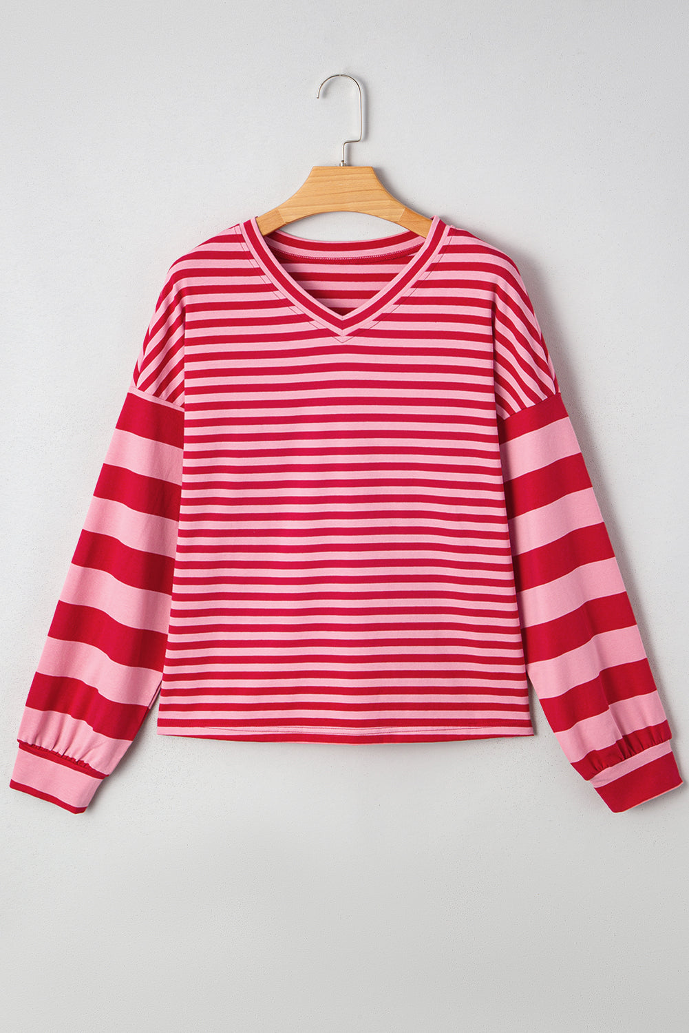 Mix Striped Drop Shoulder Patchwork Sleeve V-Neck Pullover - eAura