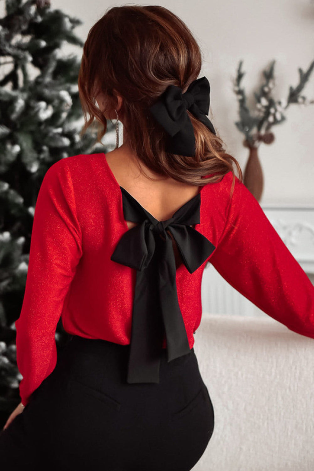 Racing Red Metallic Bowknot Open Back V Neck Top eAura