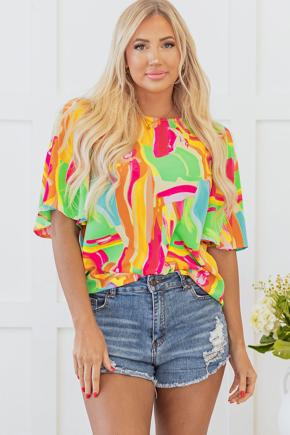 Multicolour Abstract Print Keyhole Back Pleated Half Sleeve Blouse eAura
