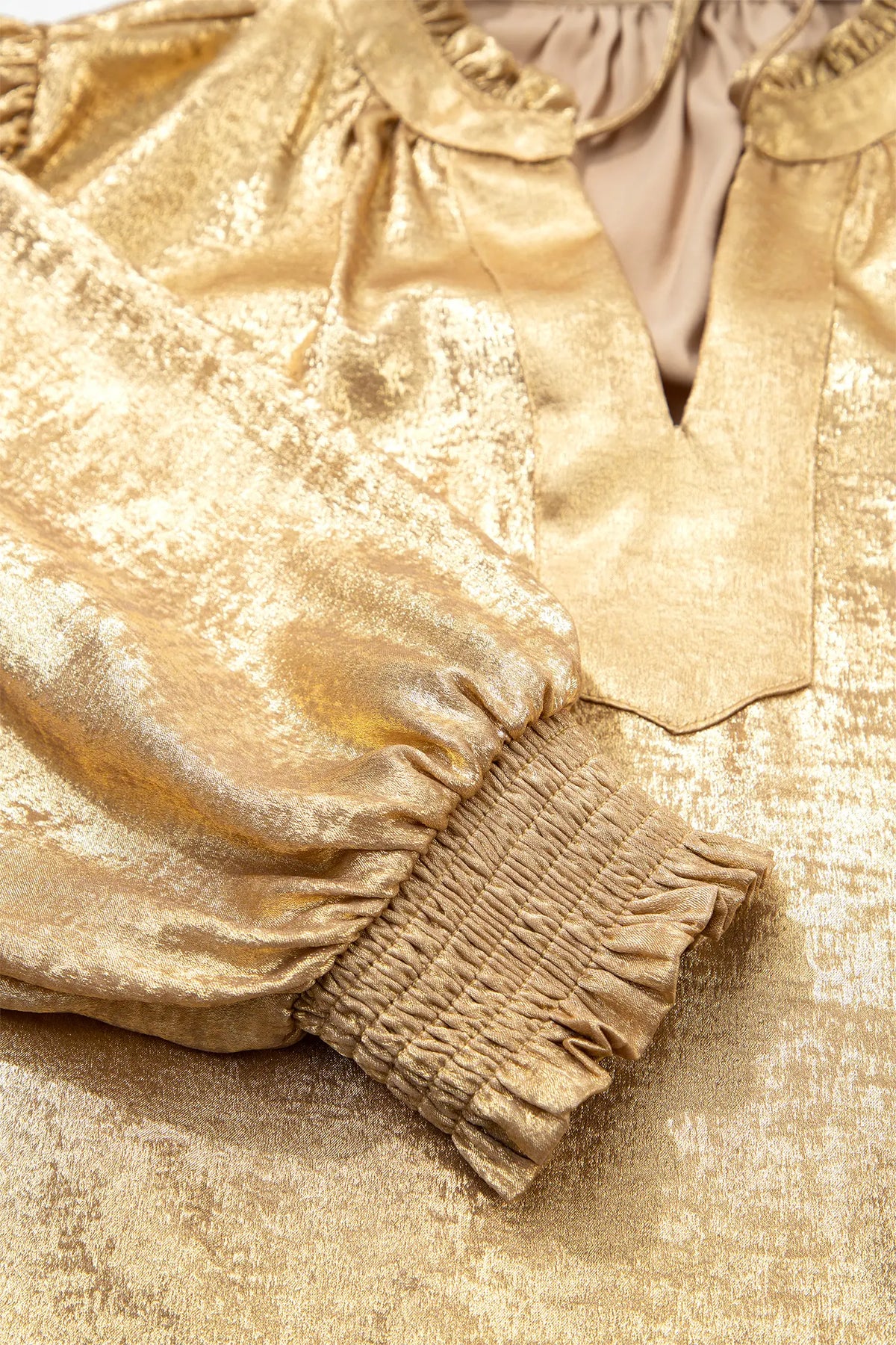 Metallic Sheen V Neck Gathered Cuff Long Sleeve Blouse – Gold