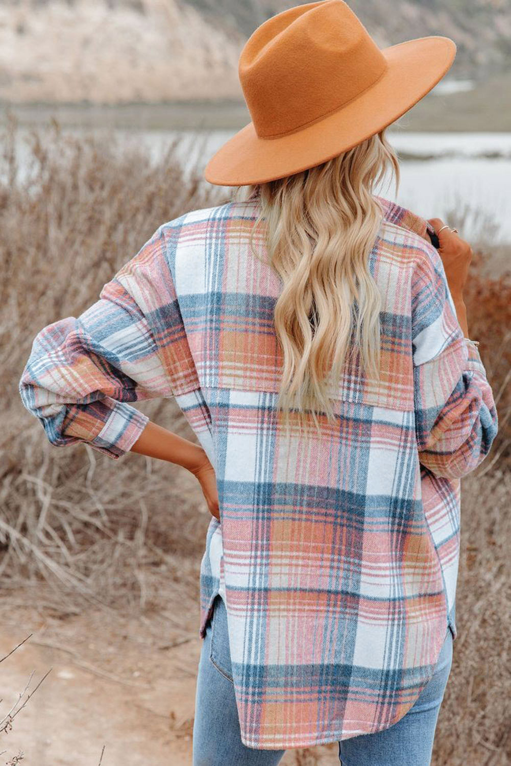Pink Black/Pink Plaid Flap Pockets Shacket eAura