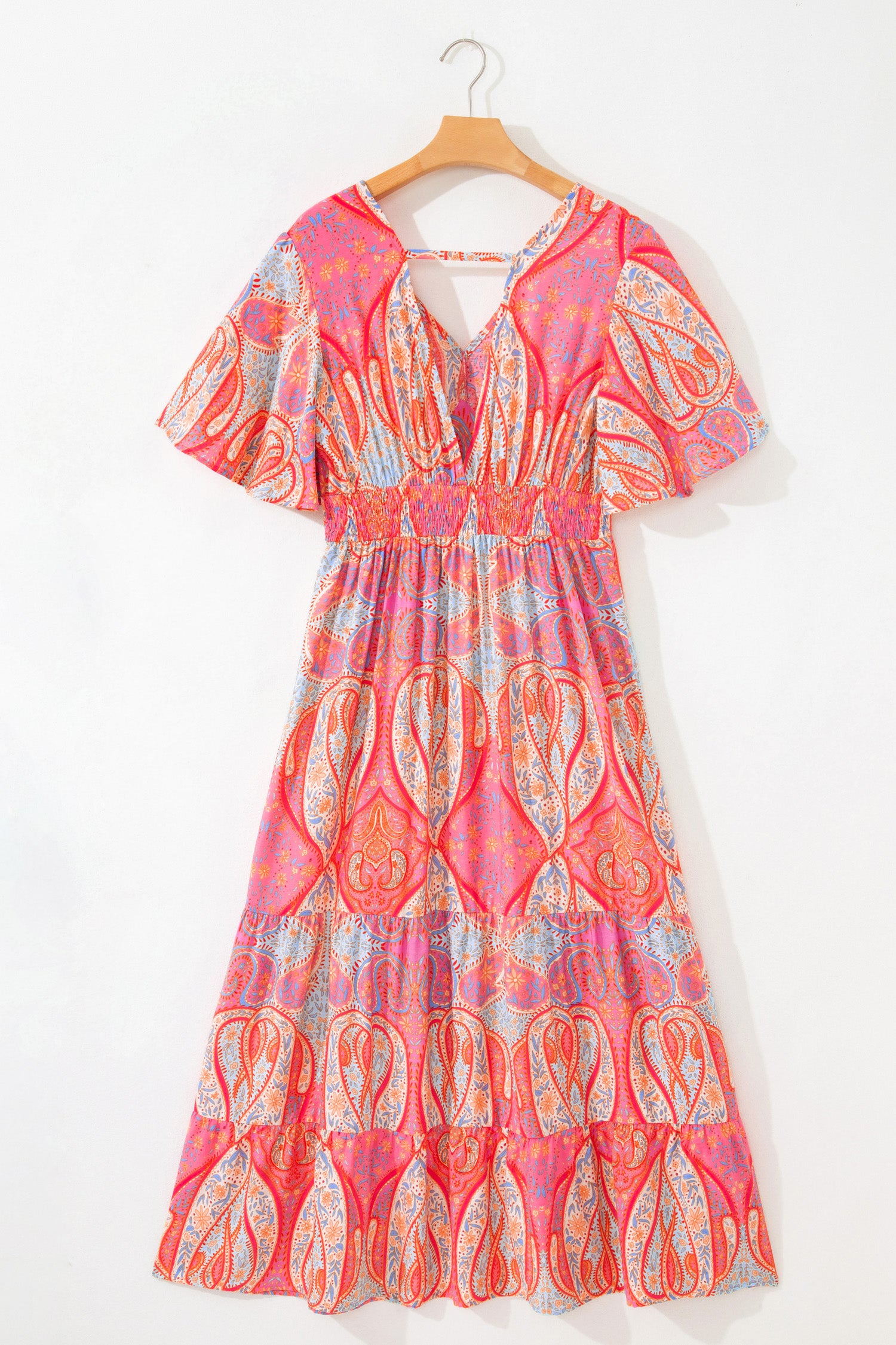 Paisley Print V-Neck Short Sleeve Boho Maxi Dress with Ruffle Details – Multicolour