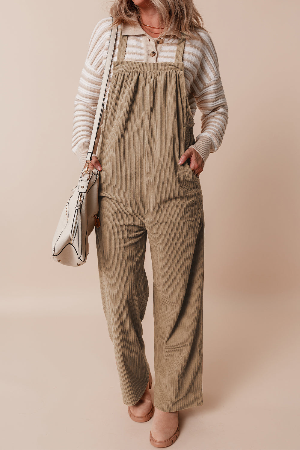 Grey Morn Solid Pocketed Loose Fit Corduroy Overall eAura