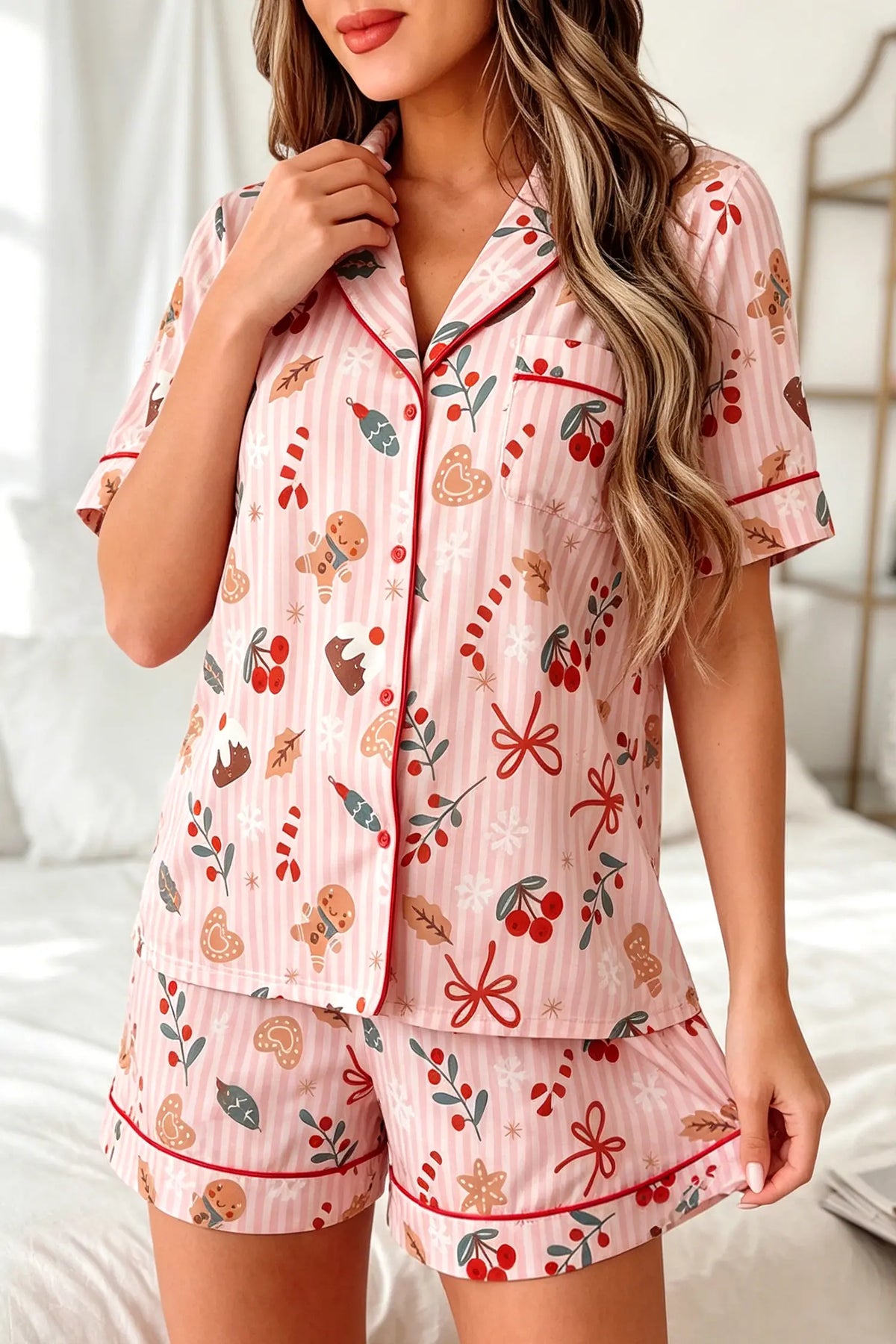 Short Sleeve Two Piece Lounge Set with Abstract Christmas Print