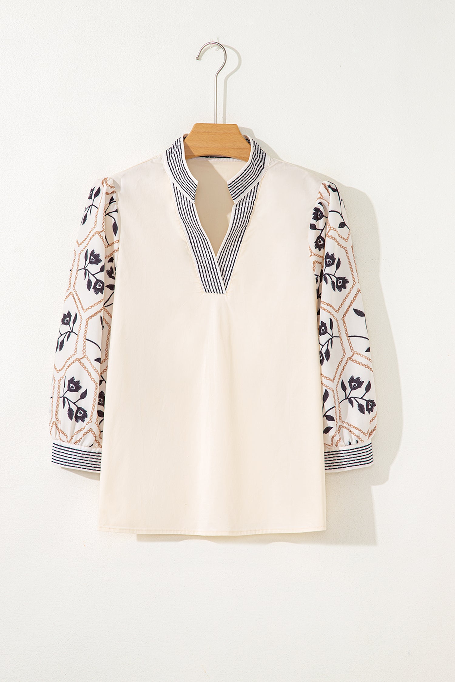 Floral Puff Sleeve Contrast V-Neck Patchwork Blouse