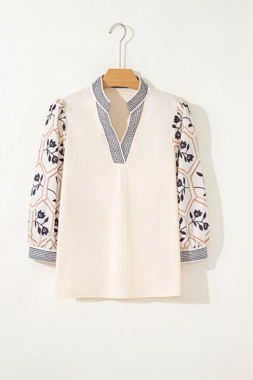 Floral Puff Sleeve Contrast V-Neck Patchwork Blouse