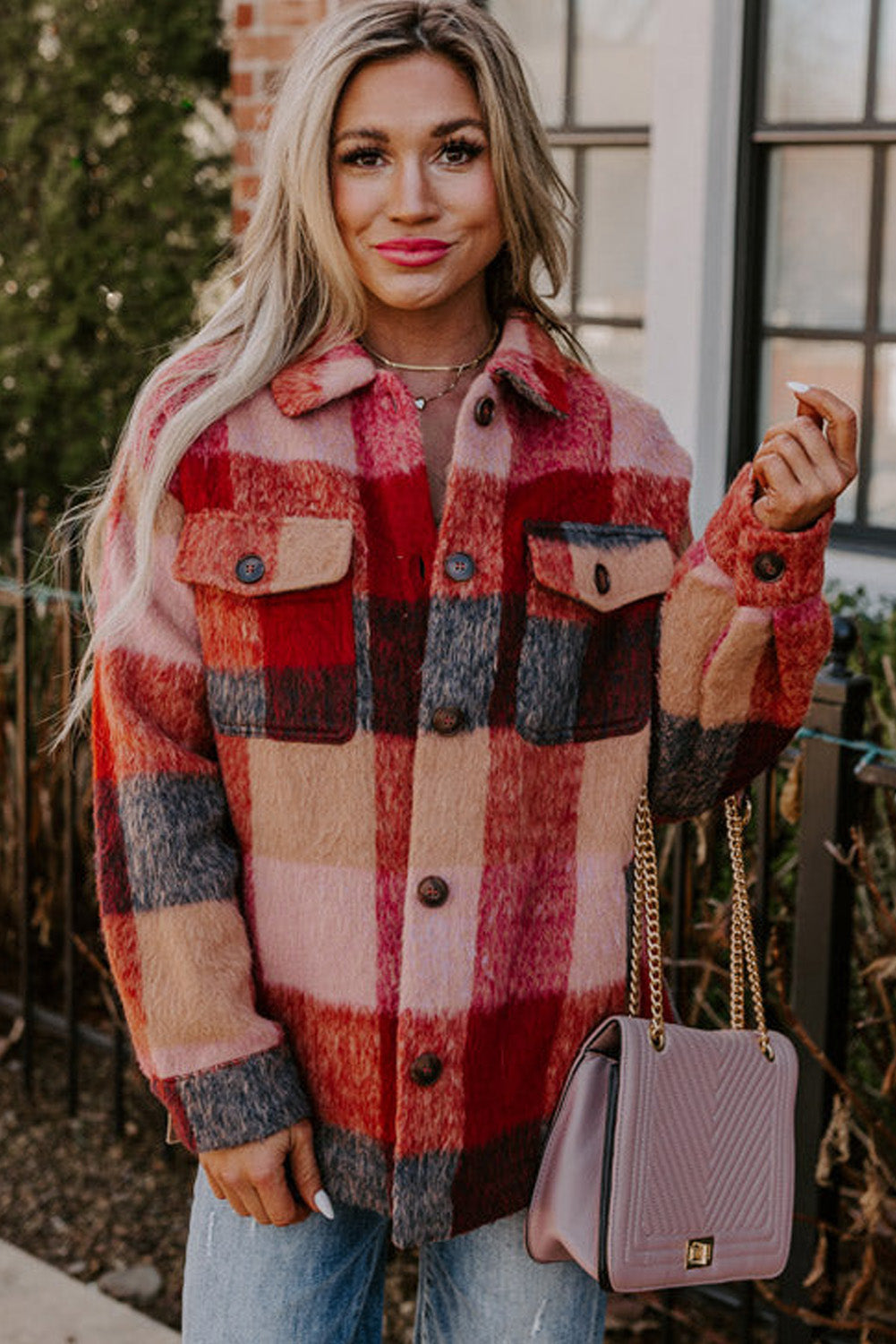 Orange Plaid Print Flap Pockets Buttoned Casual Plus Size Jacket BB Fashion Outlet