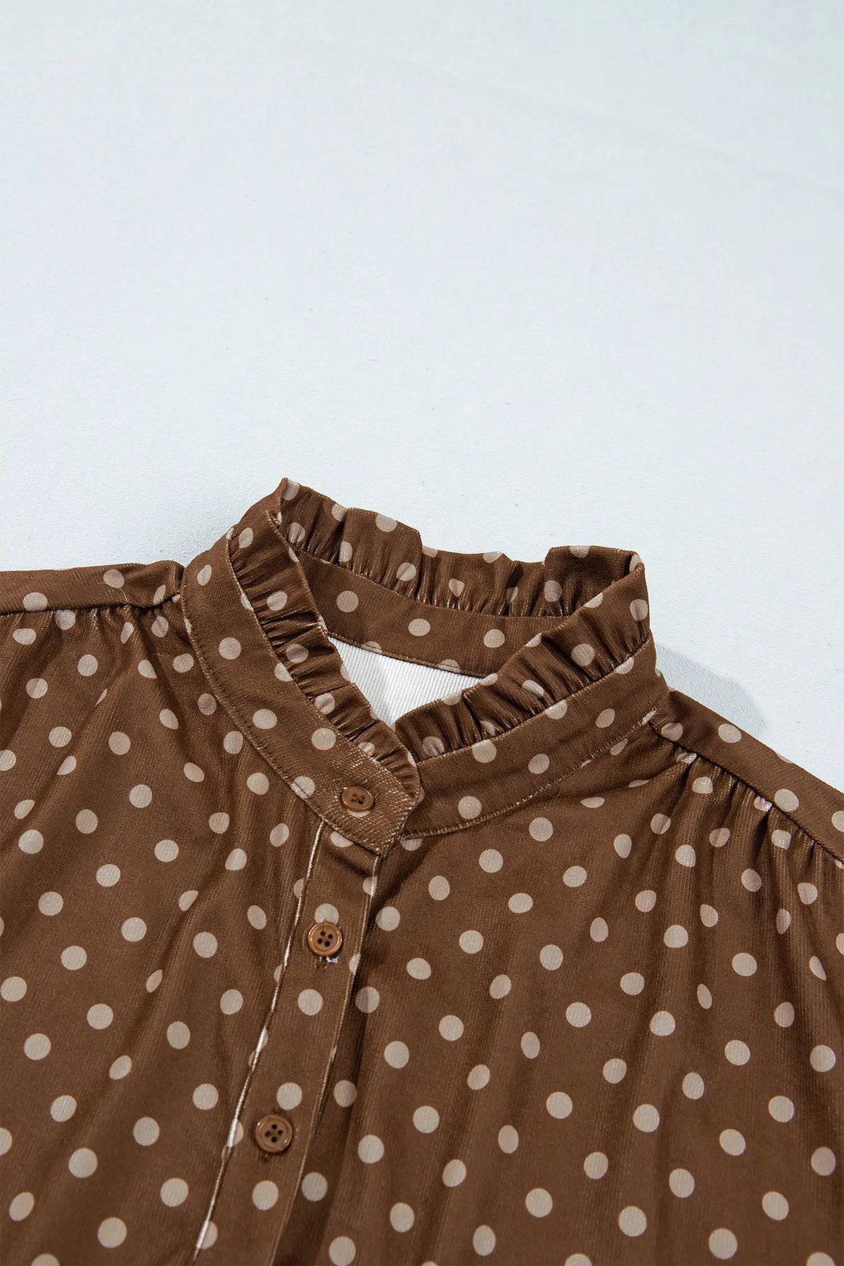Polka Dot V Neck Long Sleeve Button Shift Dress – Brown