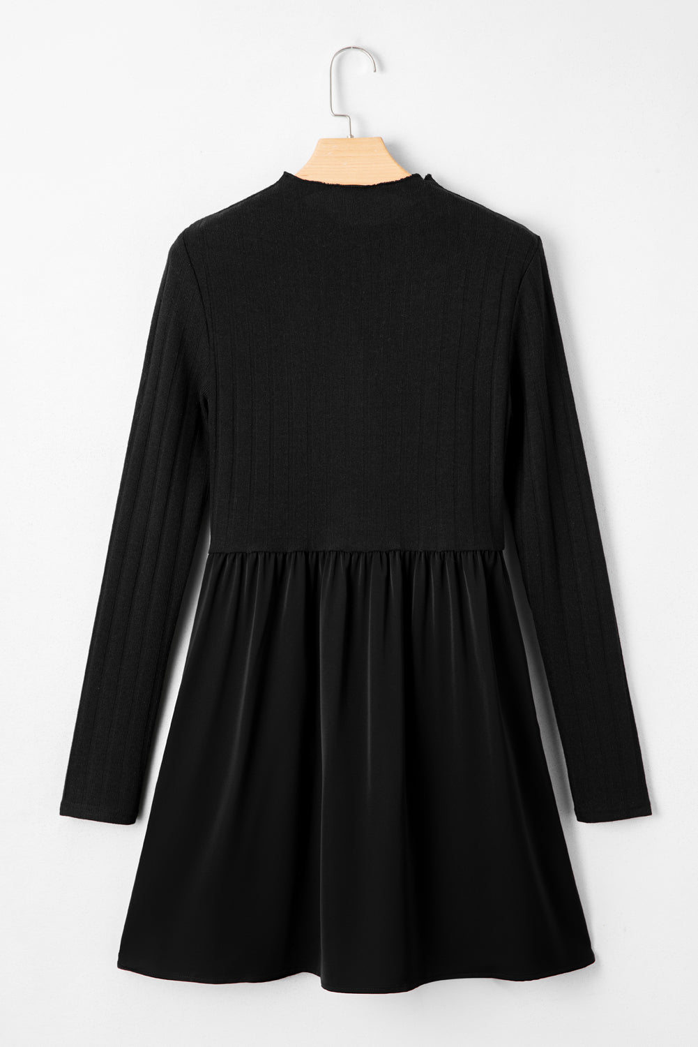 Black Frilled Neck Ribbed Knit Patchwork Long Sleeve Mini Dress Dear-Lover Dropshipping