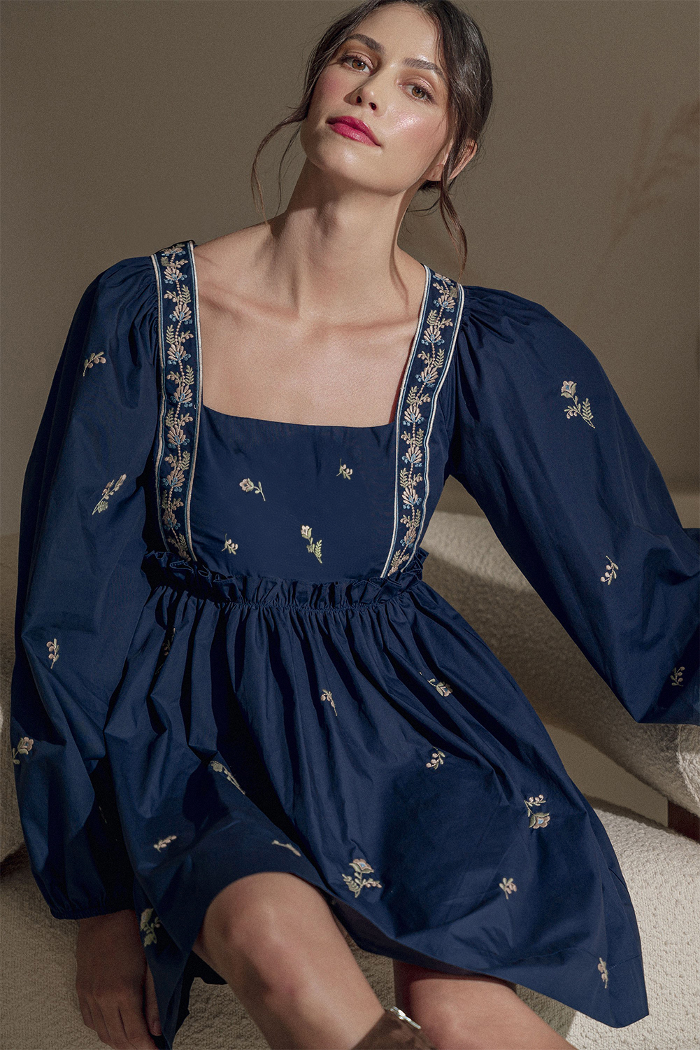Blue Floral Embroidered Square Neck Puff Sleeve Ruffled Mini Dress eAura