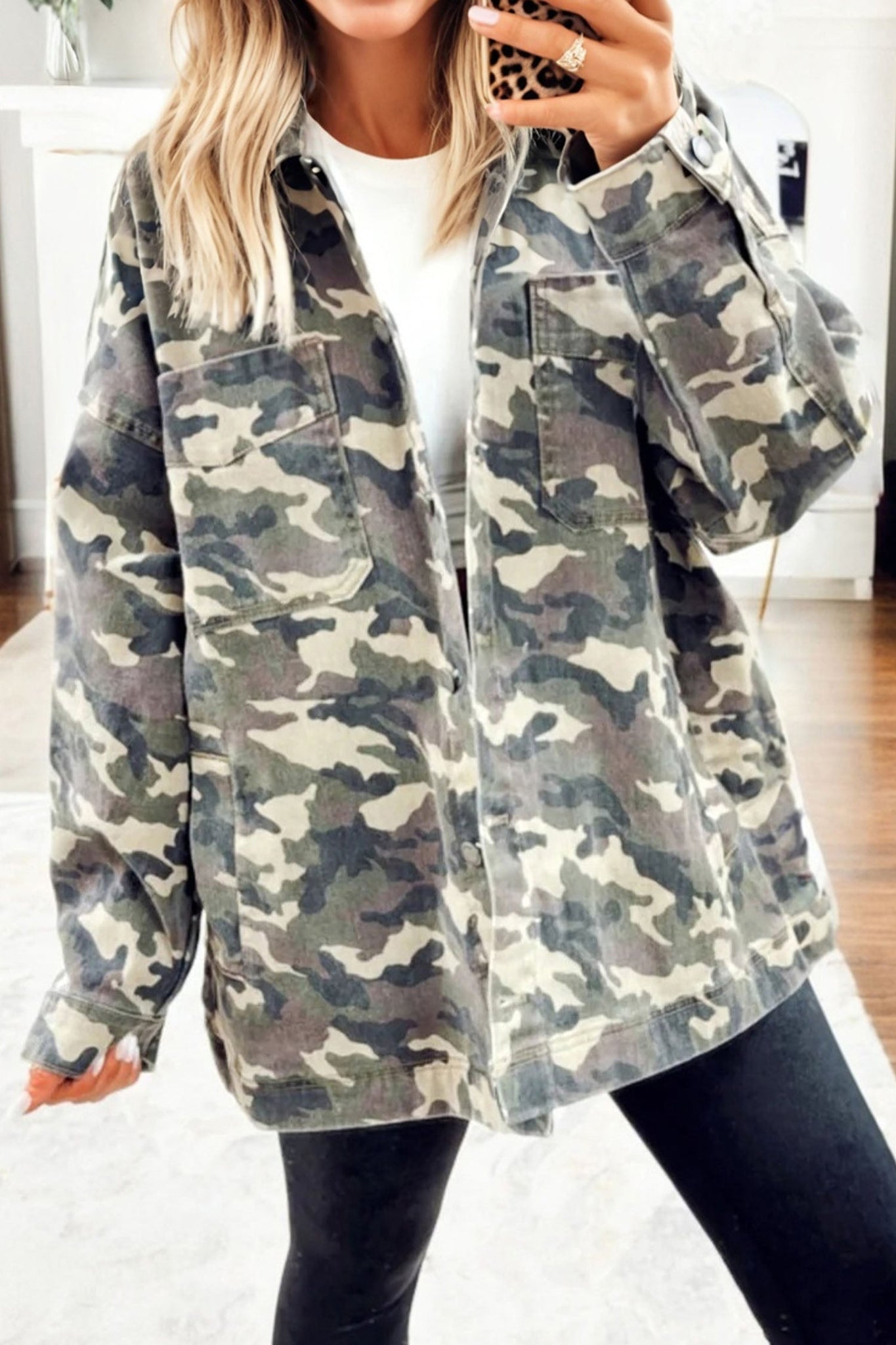 Camo Chest Pockets Oversized Denim Jacket - eAura