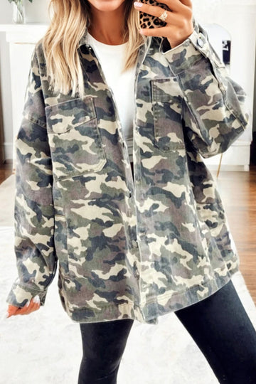 Camo Chest Pockets Oversized Denim Jacket - eAura