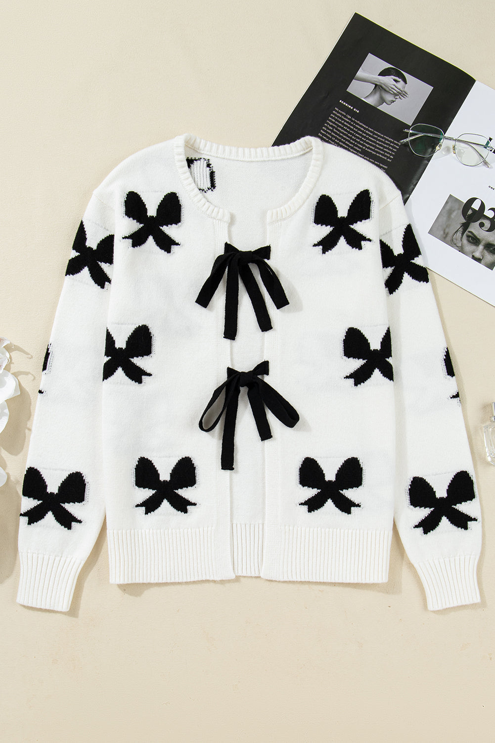 White Tie-Up Front Bow Pattern Knit Cardigan - eAura