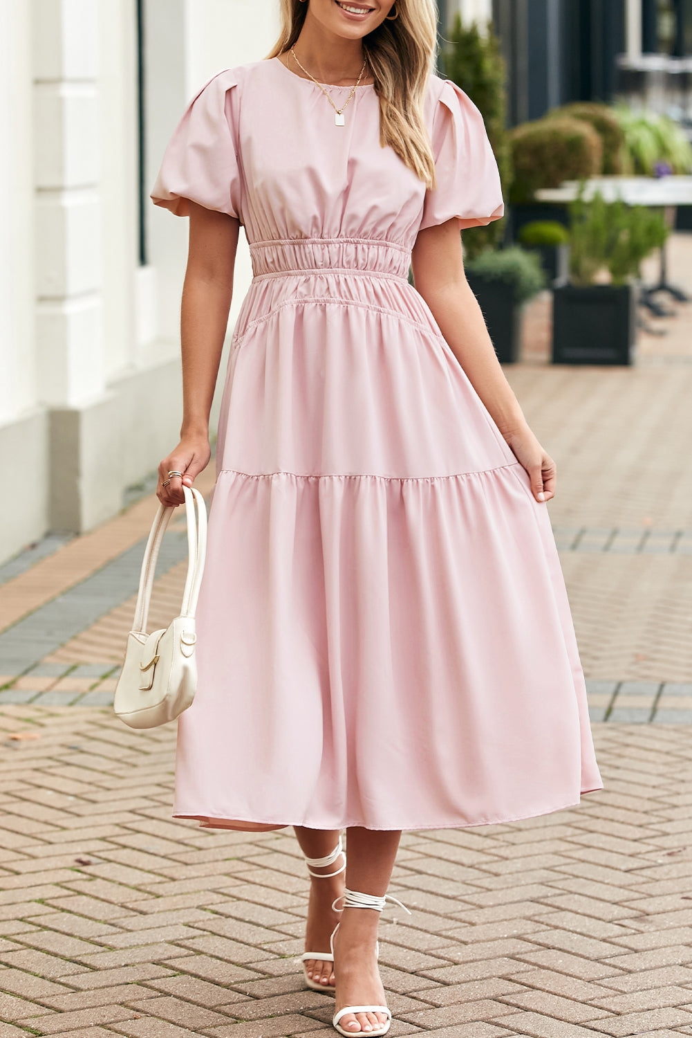 Pink Puff Sleeve Pleated High Waist Flowy Long Dress eAura
