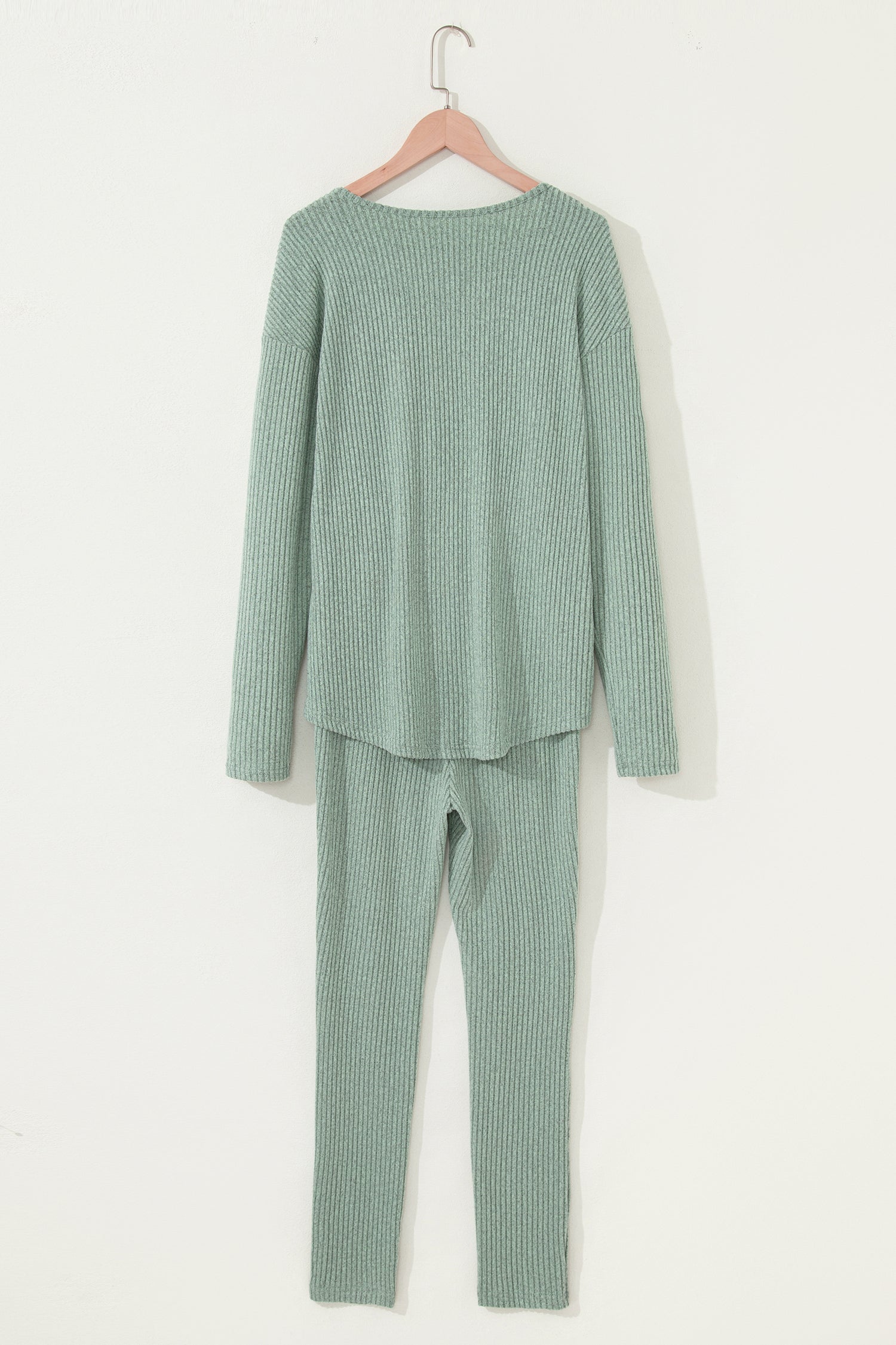 Rib Notched Neck Long Sleeve Leggings Two Piece Lounge Set - eAura