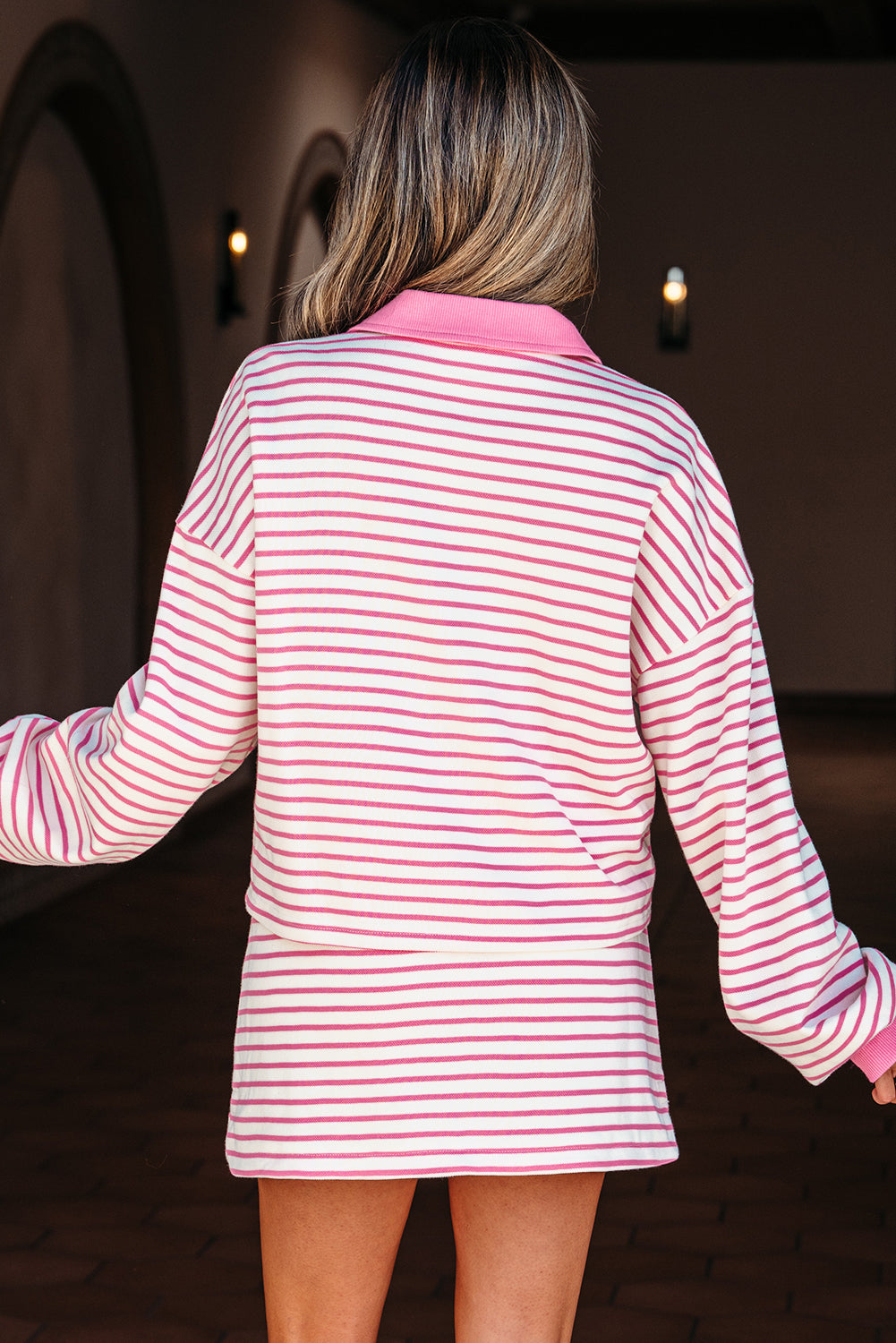 Stripe Collared V-Neck Drop Shoulder Pullover and Skort 2pcs Co-ord Dear-Lover Dropshipping