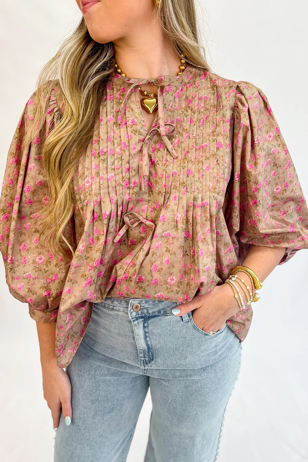 Floral Print Bow Pintuck Bust Half Puff Sleeve Blouse eAura