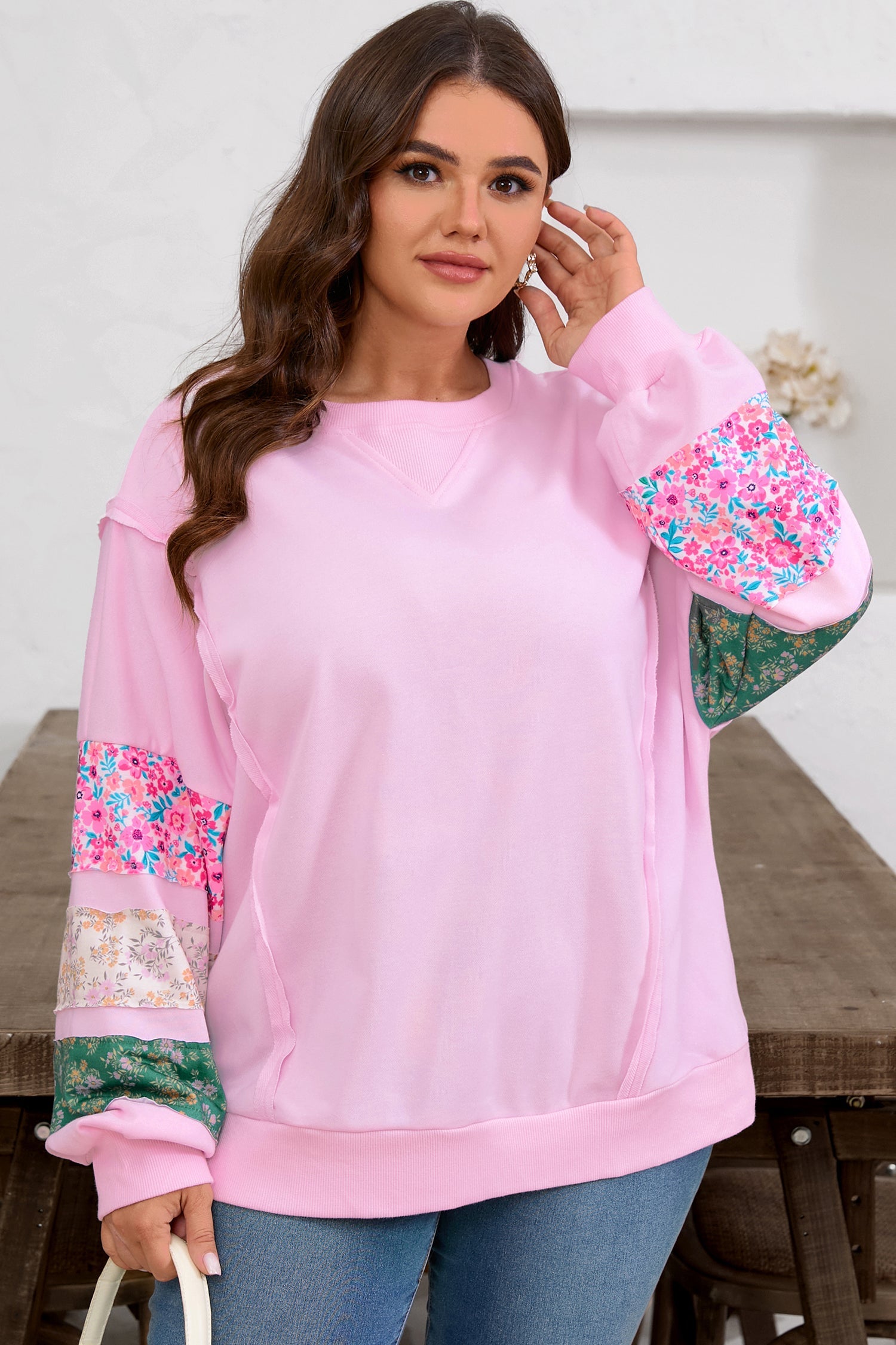 Pink Plus Size Mix Floral Patched Sleeve Ribbed Trim Oversized Sweatshirt - eAura