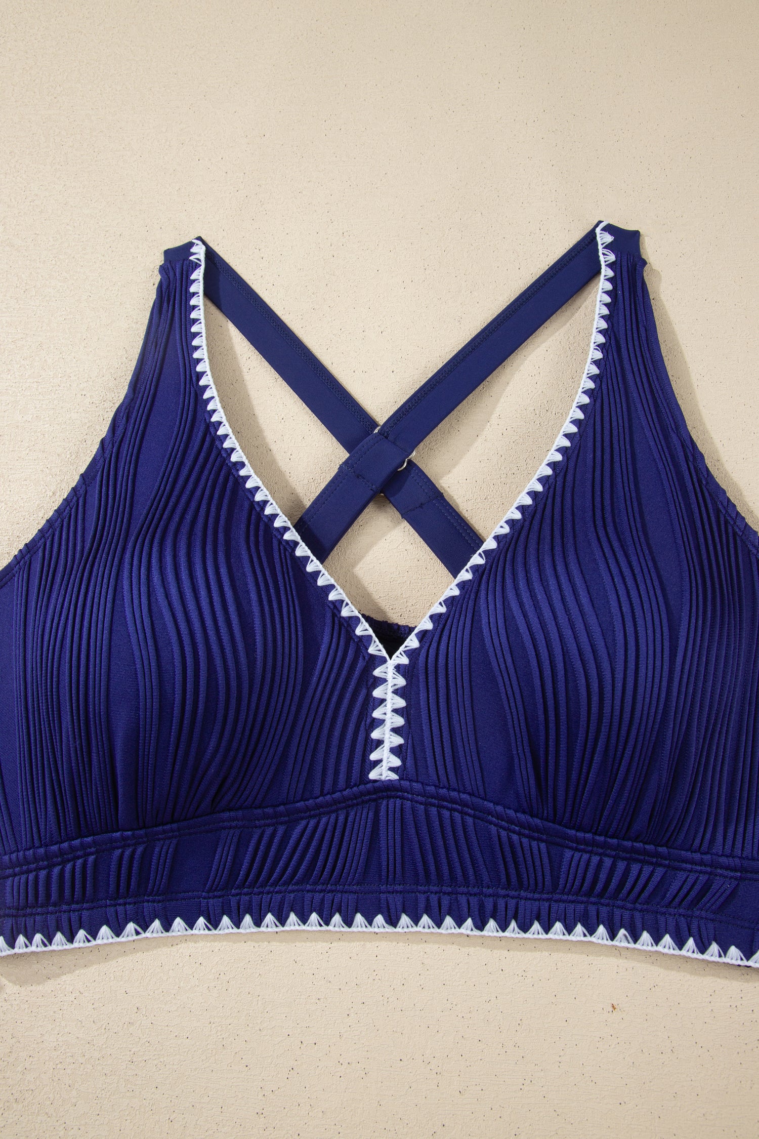Shell Stitched Trim V-Neck Textured High Waist Bikini