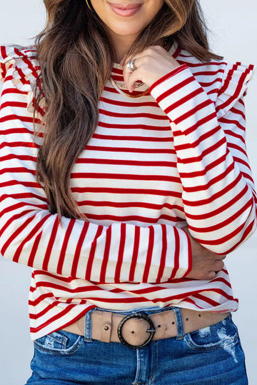 Stripe Round Neck Ruffle Trim Long Sleeve Top - eAura
