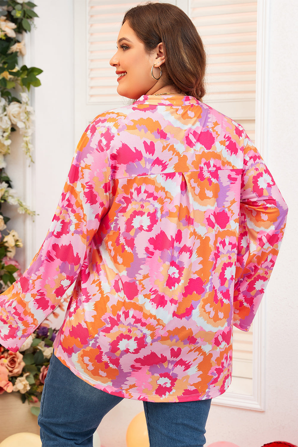 Pink Plus Size Abstract Floral Print V Neck Blouse BB Fashion Outlet