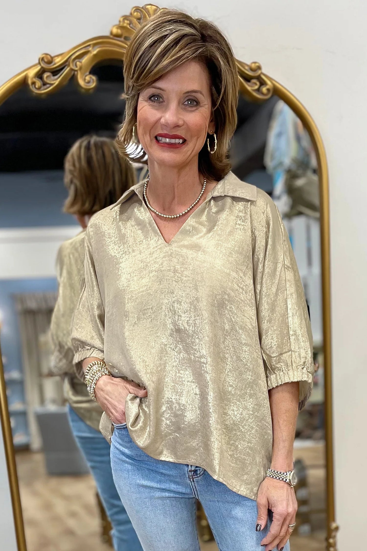 Collared V-Neck Half Sleeve Metallic Top