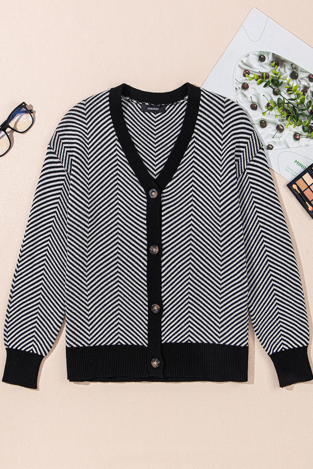 Brown Stripe Buttoned Front V Neck Herringbone Cardigan Dear-Lover Dropshipping