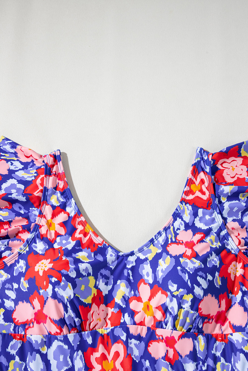 Blue Floral Print Ruffled V Neck High Waist One Piece Swimwear BB Fashion Outlet