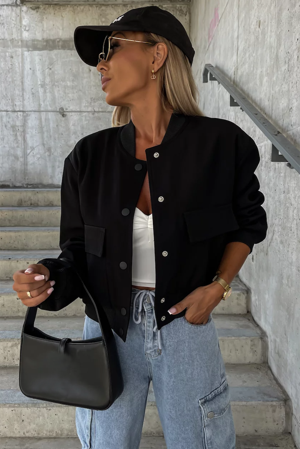 Black Big Pockets Baseball Collar Jacket Beagle Boutique Fashion Outlet