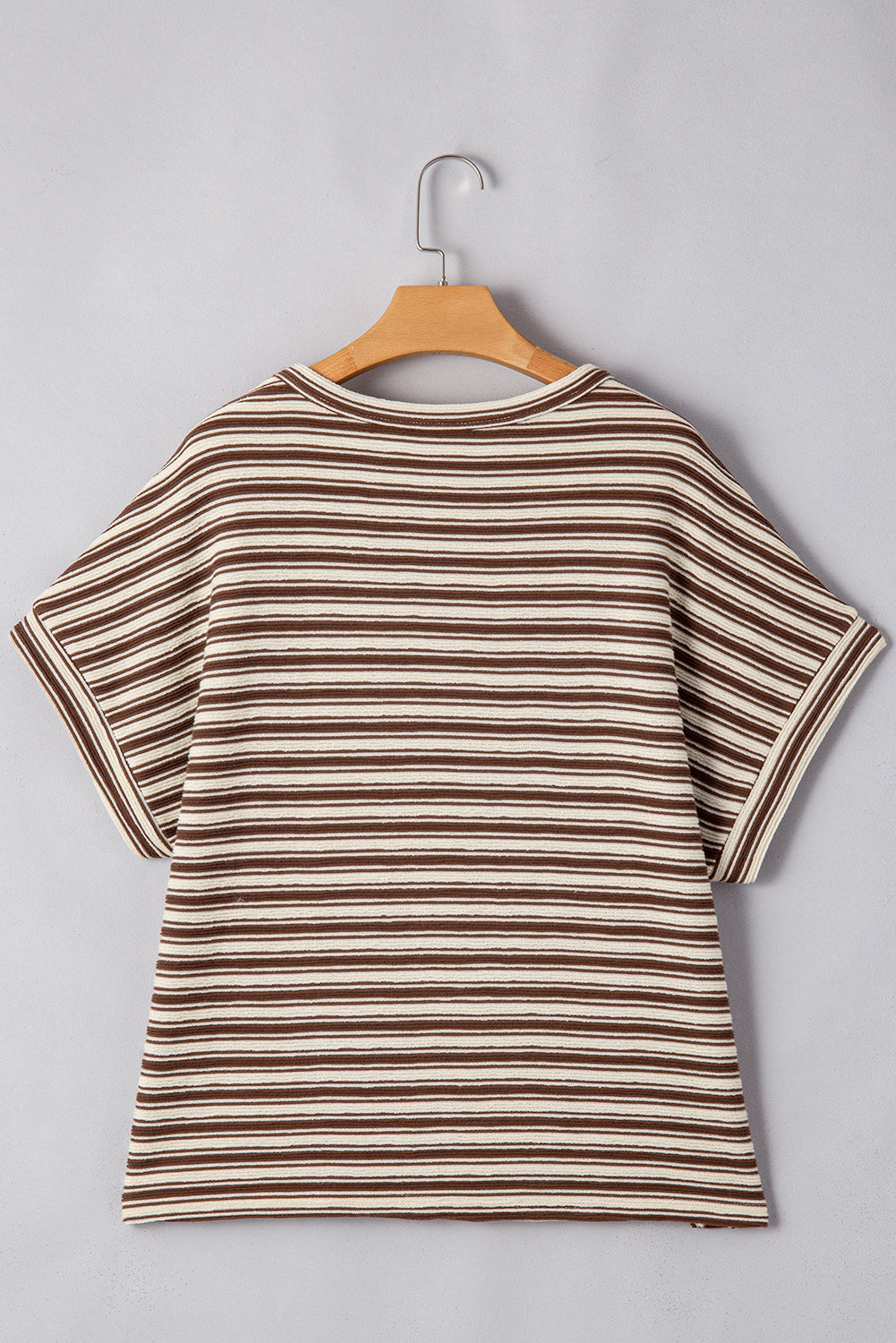 Brown Stripe Textured Side Slits Crew Neck T Shirt eAura