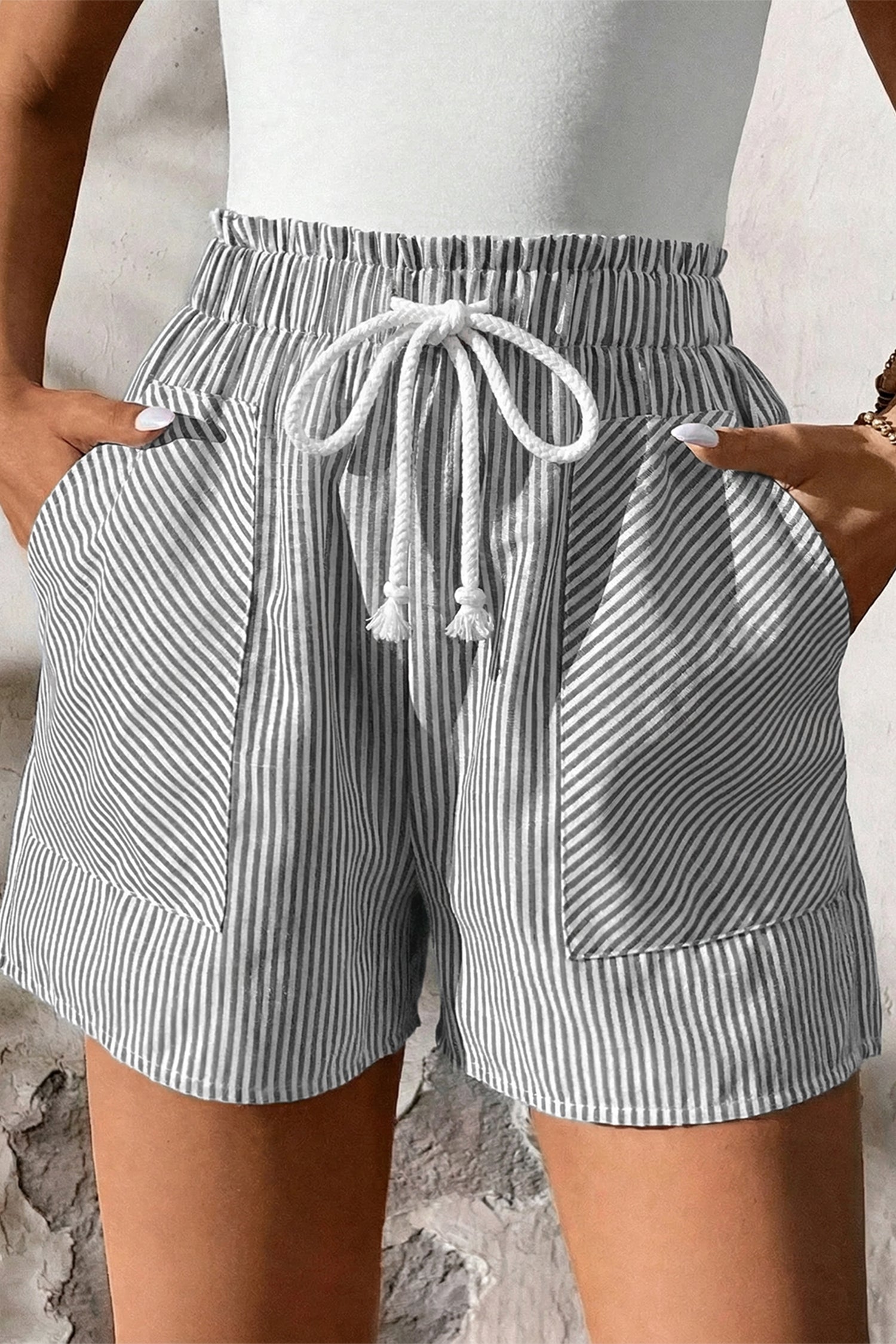 Grey Stripe Lace-Up Shorts with Pockets