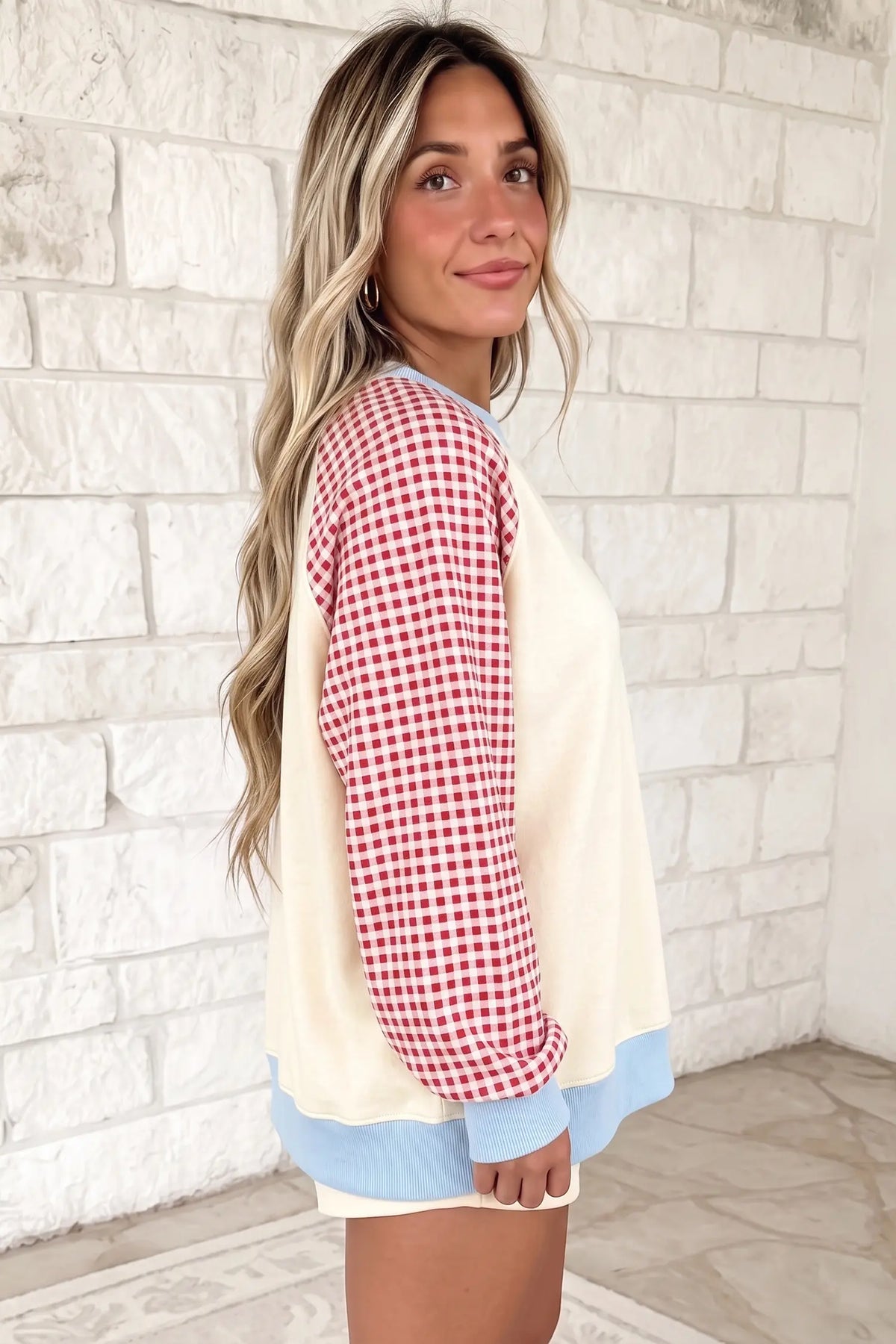 Plaid Sleeve Colourblock Raglan Pullover Sweatshirt – Beige