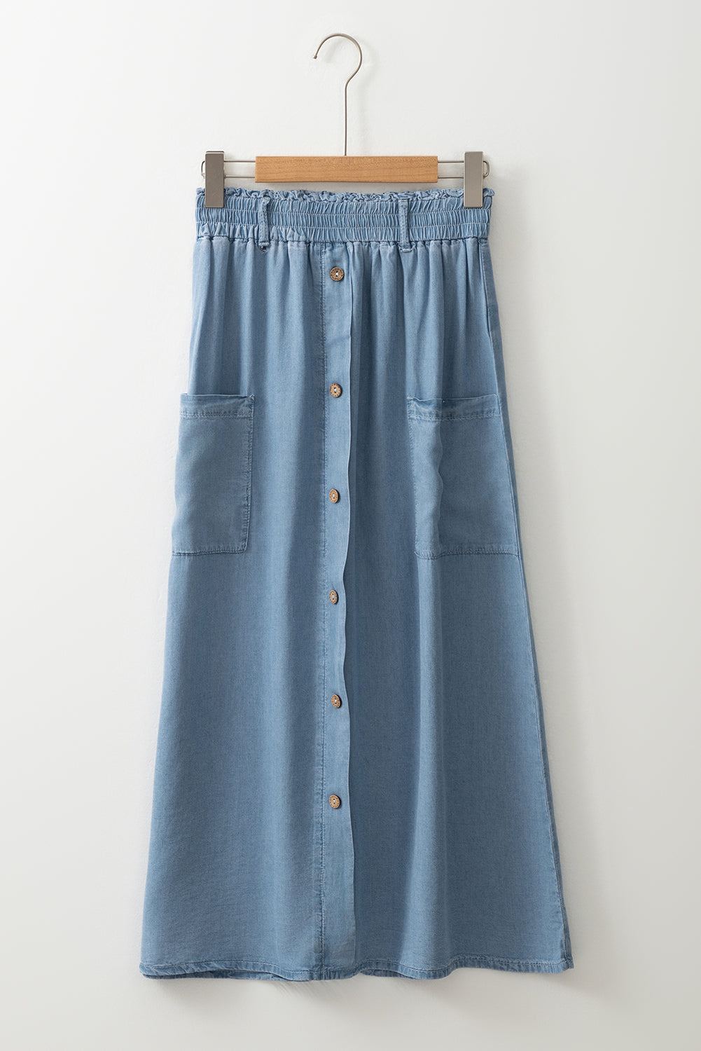 Beau Blue Buttoned Front High Waist Side Pockets Denim Maxi Skirt - eAura