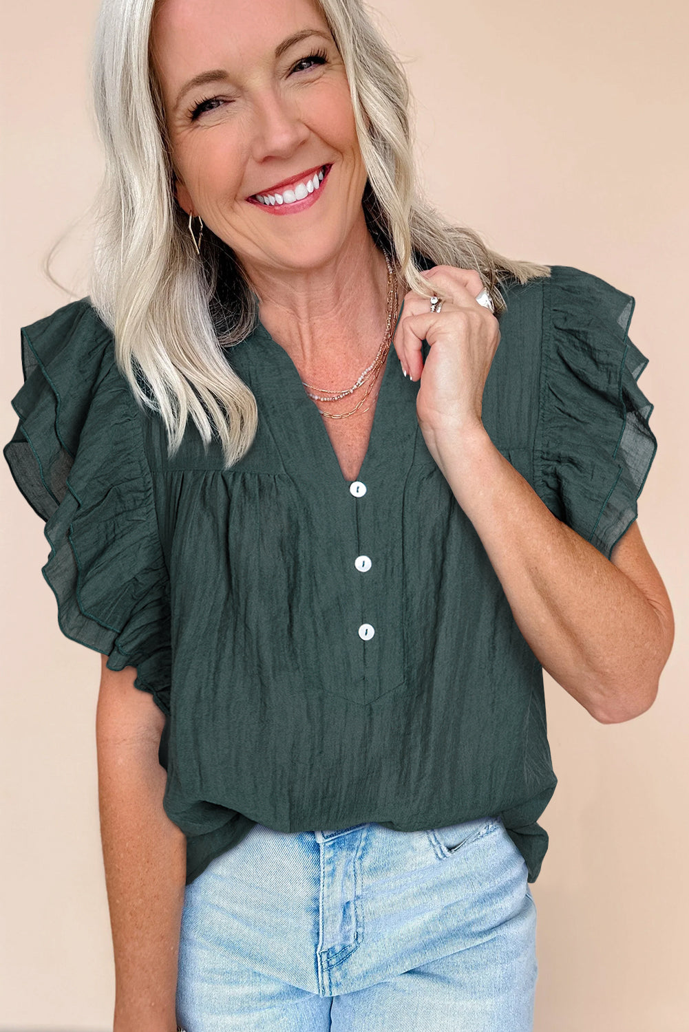 Skobeloff Frilled V Neck Ruffled Cap Sleeve Blouse eAura