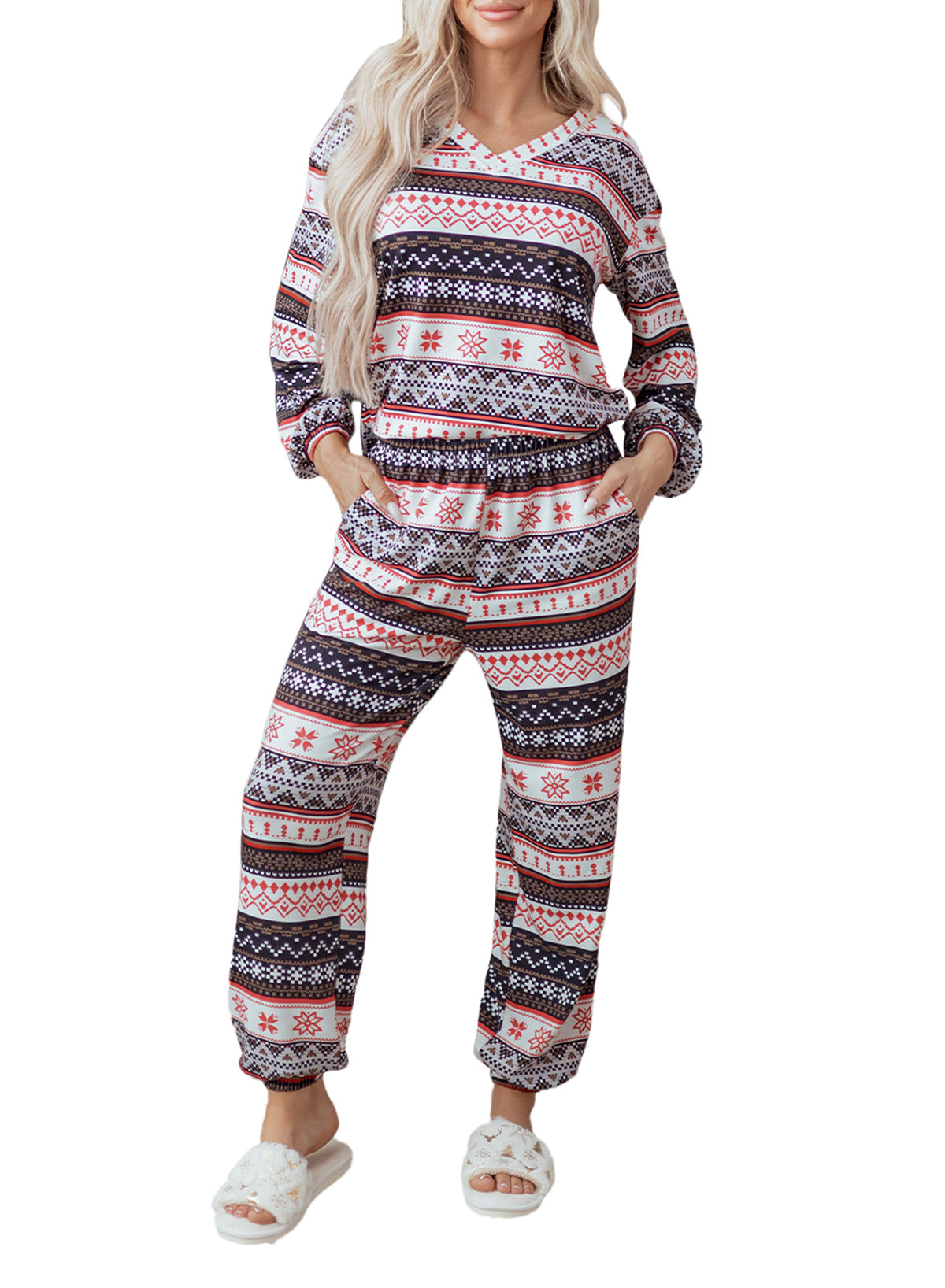 Retro Christmas Pattern Loose Pullover Pyjama Set - eAura