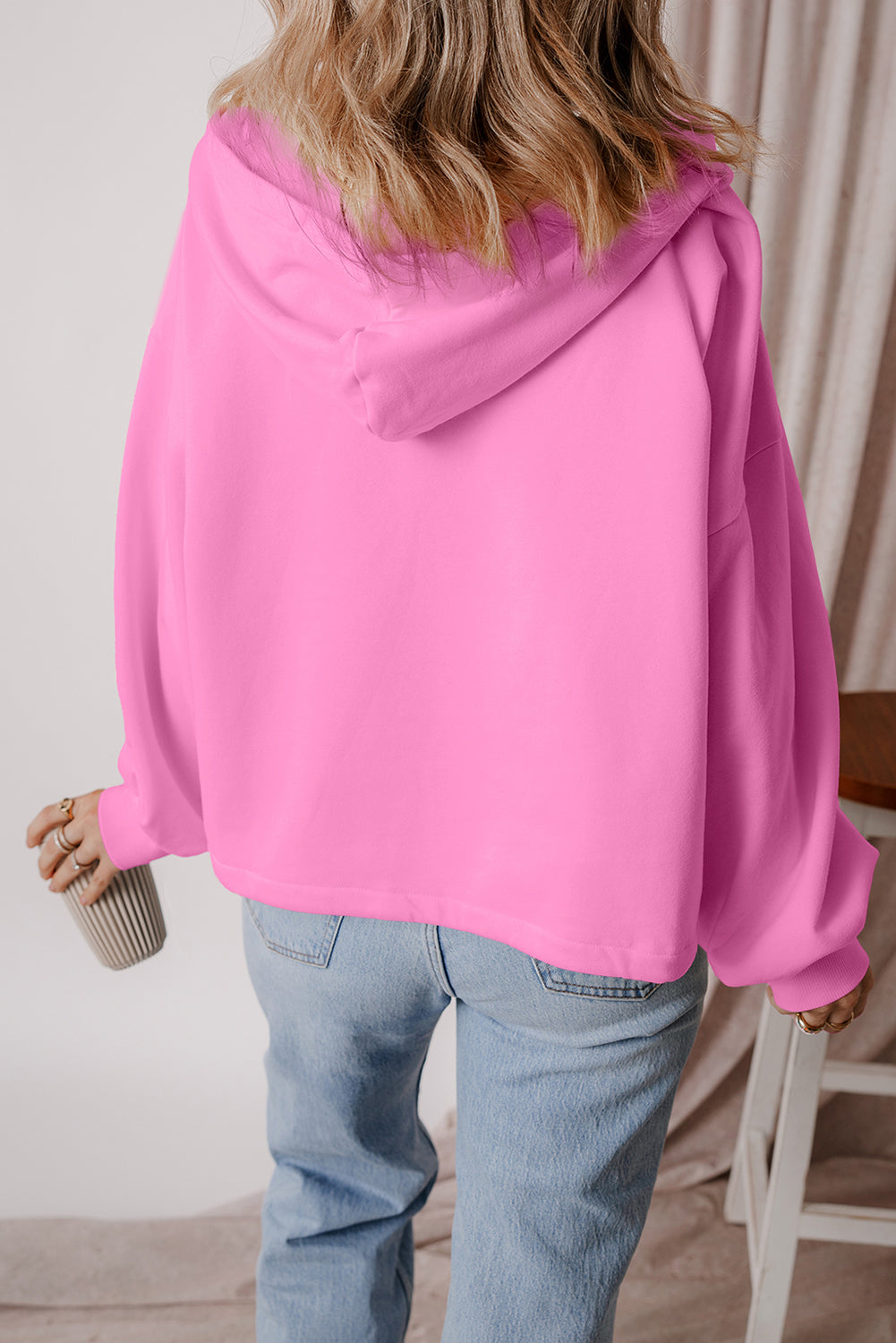 Bonbon Fleece Lined Half Zipper Kangaroo Pockets Loose Hoodie eAura