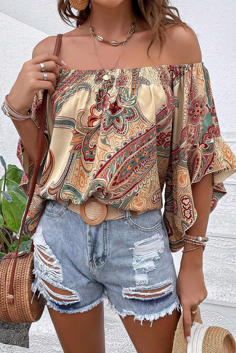 Apricot Paisley Printed Shirred Off Shoulder Ruffled Draped Sleeve Blouse eAura