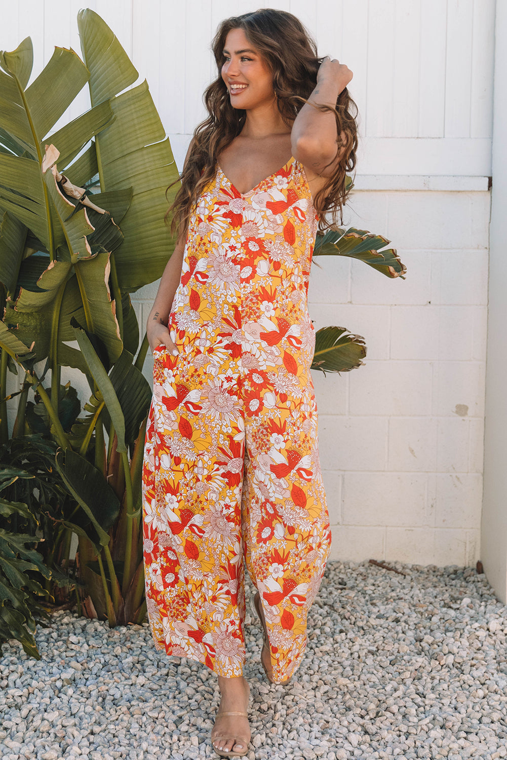Orange Floral V Neck Wide Leg Sleeveless Jumpsuit eAura