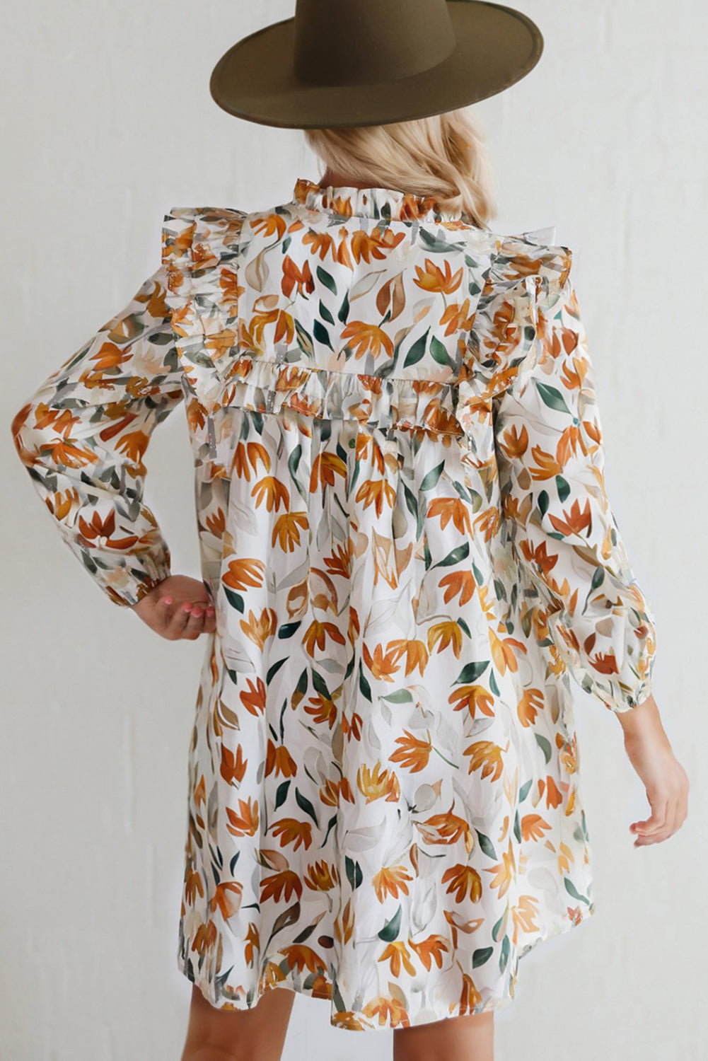 Yellow Floral Print Tie Neck Frilled Detail Long Sleeve Mini Dress Dear-Lover Dropshipping